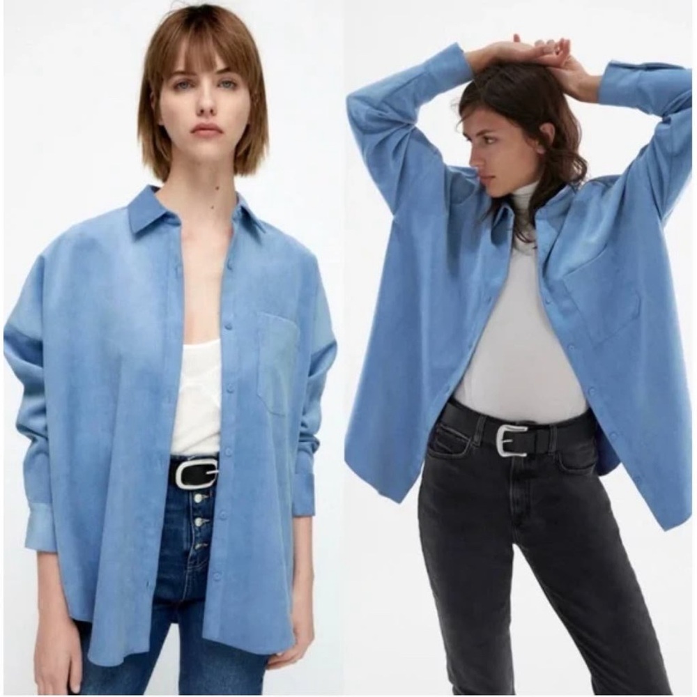 Zara Women’s Fine Corduroy Oversized Shirt /Pockets Blue Size Small